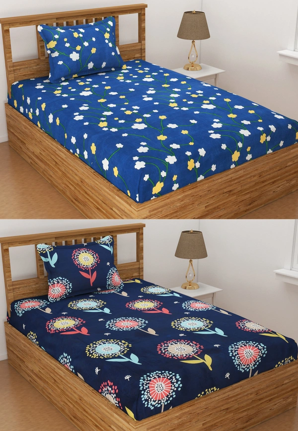 Panipat Textile Hub 140 TC Microfiber Combo Single Floral Flat Bedsheet ( 2 Single Bedsheet with 2 pillow cover) - Single Bedsheet