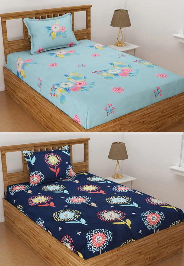 Panipat Textile Hub 140 TC Microfiber Combo Single Floral Flat Bedsheet ( 2 Single Bedsheet with 2 pillow cover) - Single Bedsheet