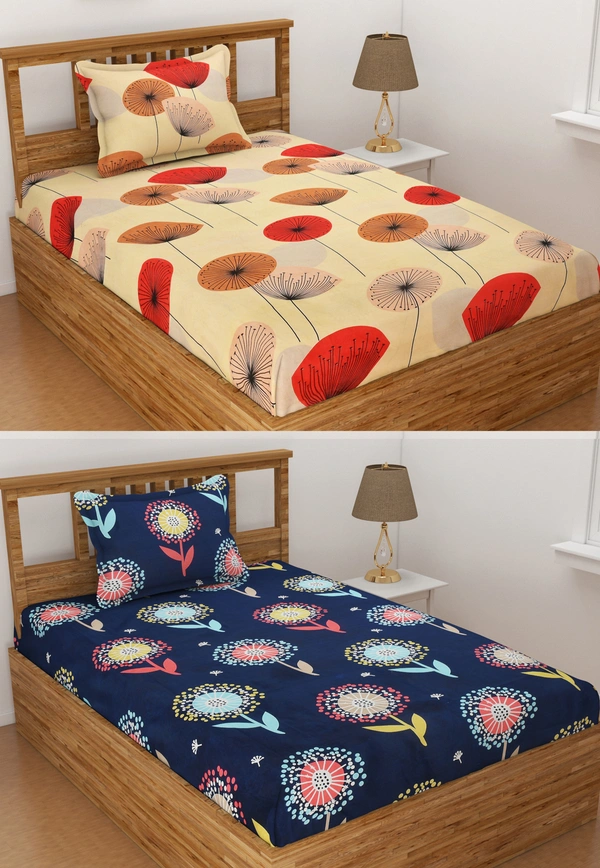 Panipat Textile Hub 140 TC Microfiber Combo Single Floral Flat Bedsheet ( 2 Single Bedsheet with 2 pillow cover) - Single Bedsheet