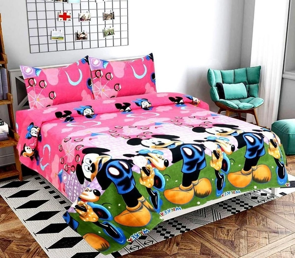Panipat Textile Hub 140 TC Microfiber  Pink Micky Printed Flat Double Bedsheet  With 2 pillow cover - Double Bedsheet