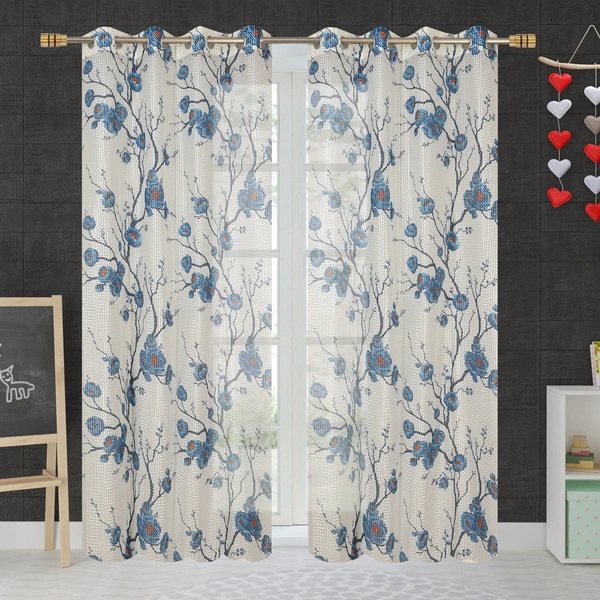 Panipat Textile Hub  Net Semi Transparent Floral Curtain (Floral Design, Blue) Pack of 2 - Window (4x5 Feet)