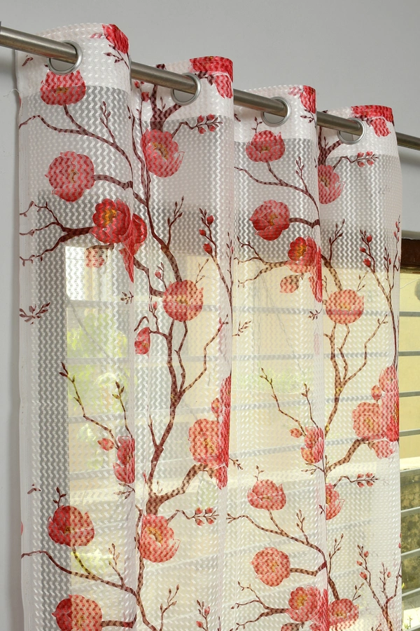 Panipat Textile Hub  Net Semi Transparent Floral Curtains (Floral Design, Maroon) Pack of 2 - Window (4x5 feet)
