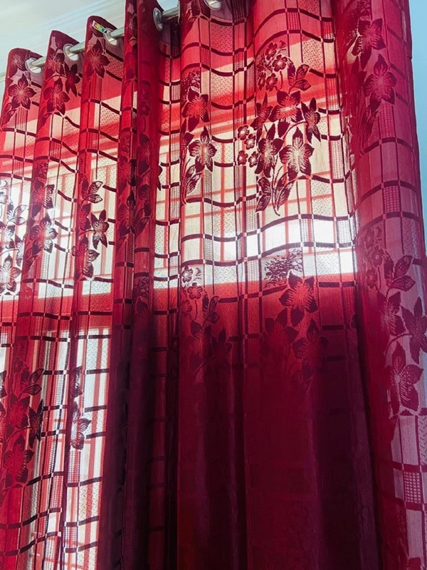 Panipat Textile Hub  Net Semi Transparent Floral Curtains (Floral Design, Red) Pack of 2 - Window (4x5 Feet)