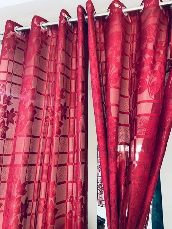 Panipat Textile Hub  Net Semi Transparent Floral Curtains (Floral Design, Red) Pack of 2 - Window (4x5 Feet)