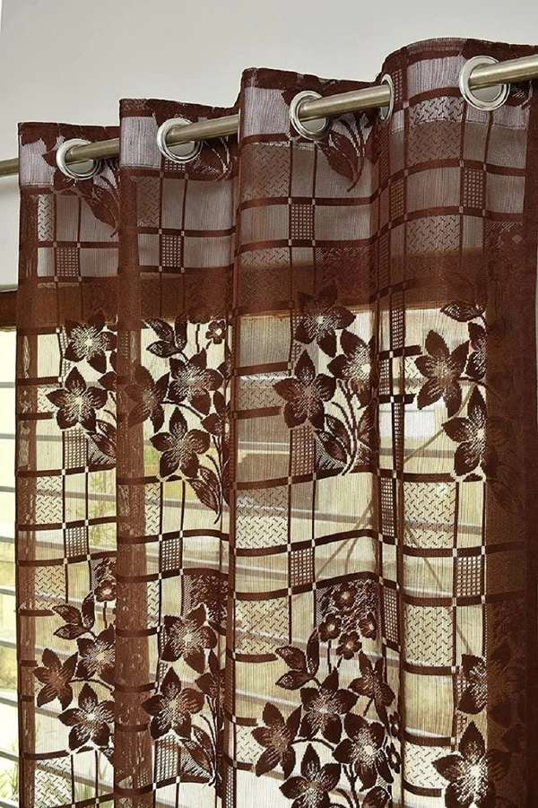 Panipat Textile Hub  Net Semi Transparent Floral Curtains (Floral Design, Brown) Pack of 2 - Window (4x5 Feet)