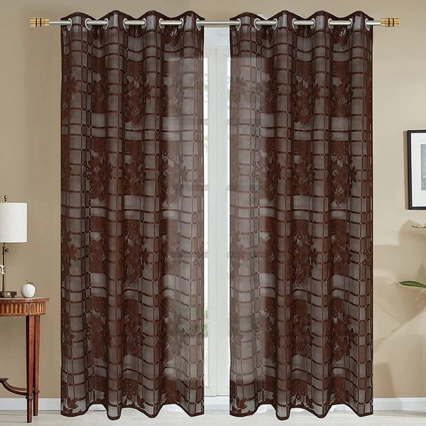 Panipat Textile Hub  Net Semi Transparent Floral Curtains (Floral Design, Brown) Pack of 2 - Window (4x5 Feet)