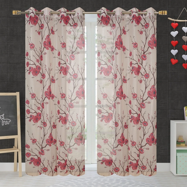 Panipat Textile Hub  Net Semi Transparent Floral Curtains (Floral Design, Pink) Pack of 2 - Window (4x5 feet)