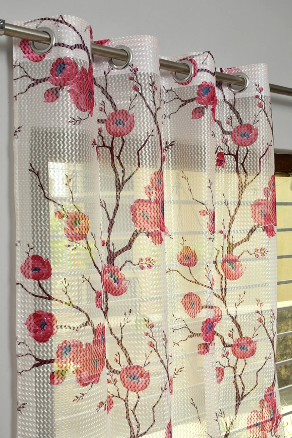 Panipat Textile Hub  Net Semi Transparent Floral Curtains (Floral Design, Pink) Pack of 2 - Window (4x5 feet)