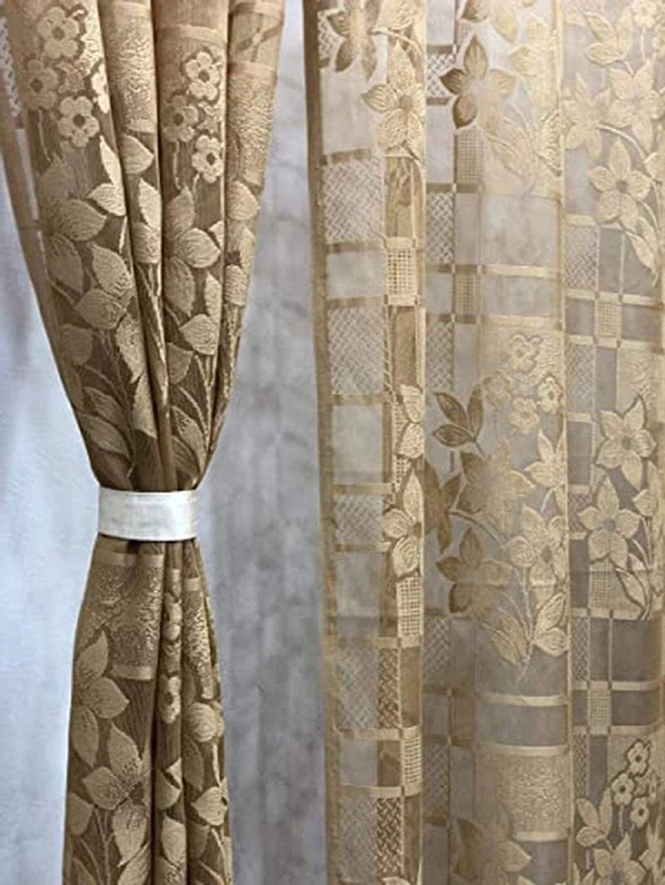 Panipat Textile Hub  Net Semi Transparent Floral Curtains (Floral Design, Gold) Pack of 2 - Window (4x5 feet)