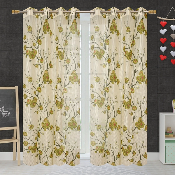 Panipat Textile Hub  Net Semi Transparent Floral Curtains (Floral Design, Green) Pack of 2 - Window (4x5 feet)