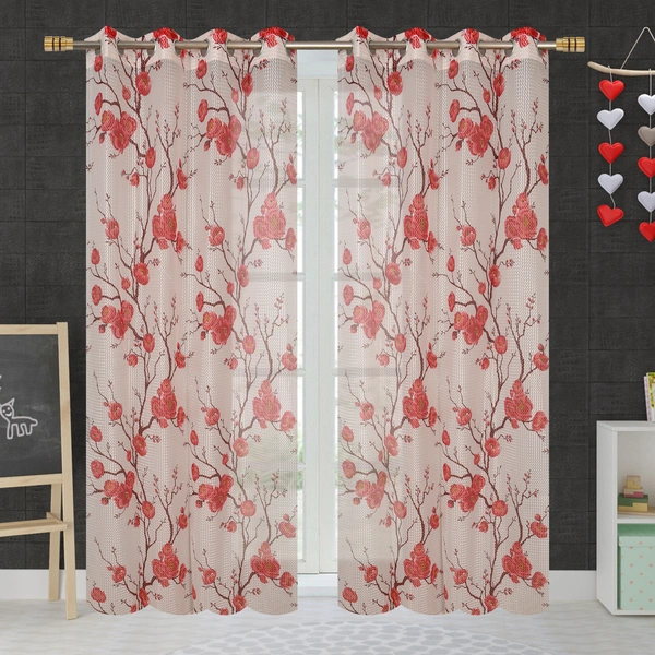 Panipat Textile Hub  Net Semi Transparent Floral Curtains (Floral Design, Maroon) Pack of 2 - Window (4x5 feet)