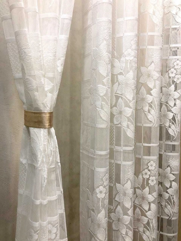 Panipat Textile Hub  Net Semi Transparent Floral Curtains (Floral Design, Cream) Pack of 2 - Window (4x5 feet)
