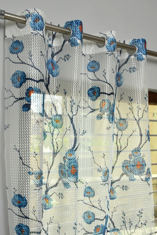 Panipat Textile Hub  Net Semi Transparent Floral Curtain (Floral Design, Blue) Pack of 2 - Window (4x5 feet)