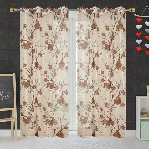 Panipat Textile Hub  Net Semi Transparent Floral Curtains (Floral Design, Brown) Pack of 2 - Window (4x5 feet)