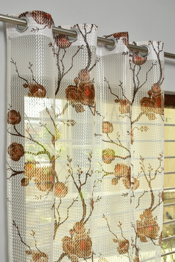 Panipat Textile Hub  Net Semi Transparent Floral Curtains (Floral Design, Brown) Pack of 2 - Window (4x5 feet)