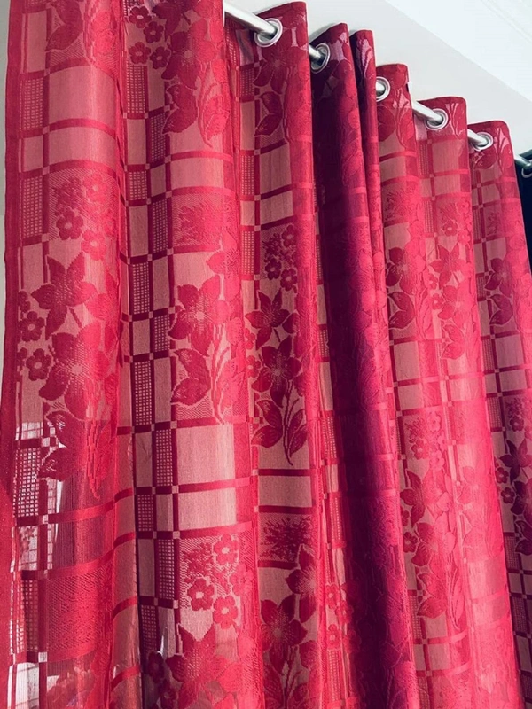 Panipat Textile Hub  Net Semi Transparent Floral Curtains (Floral Design, Red) Pack of 2 - Window (4x5 feet)