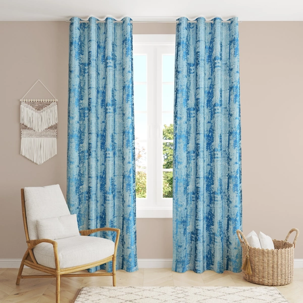 Panipat Textile Hub Polyester Eyelet Aqua Designer Print curtains Pack of 2 - Window (4x5 Feet)