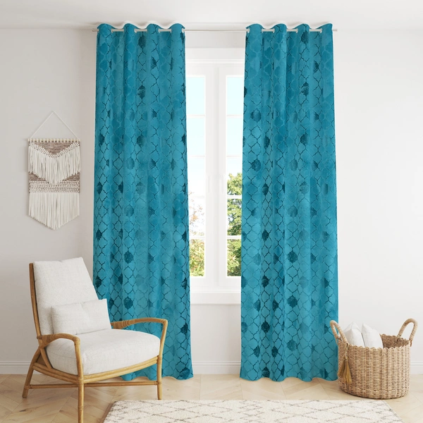 Panipat Textile Hub Polyester Eyelet Aqua Designer Print Velvet Blackout curtains Pack of 2 - Window (4x5 Feet)