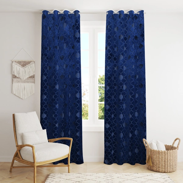 Panipat Textile Hub Polyester Eyelet Blue Designer Print Velvet Blackout curtains Pack of 2 - Window (4x5 Feet)