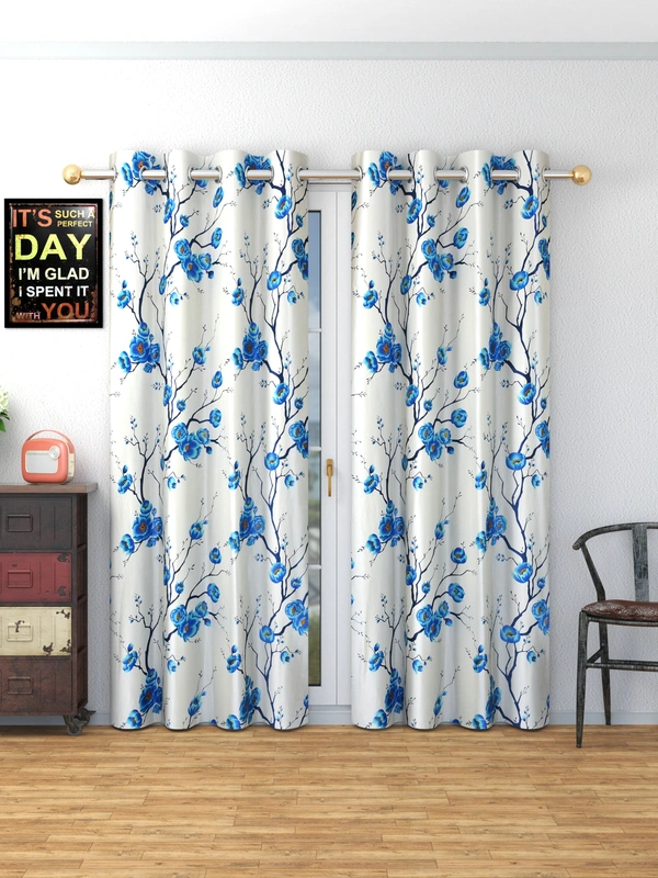 Panipat Textile Hub Polyester Eyelet Blue Designer Print curtains Pack of 2 - Window (4x5 Feet)