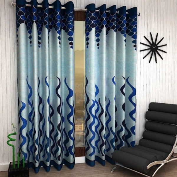 Panipat Textile Hub polyester Eyelet Blue Printed Design curtains Pack of 2 - Window (4x5 Feet)
