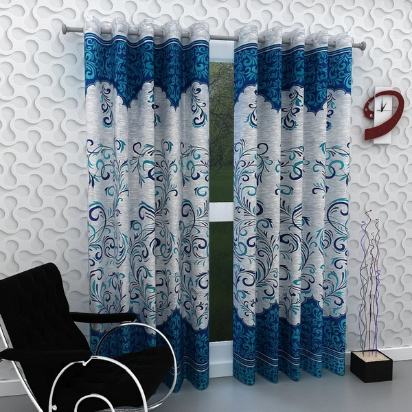 Panipat Textile Hub polyester Eyelet Blue Printed curtains Pack of 2 - Window (4x5 Feet)