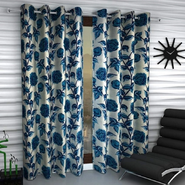 Panipat Textile Hub Polyester Eyelet Blue Rose Printed Design curtains Pack of 2 - Window (4x5 Feet)