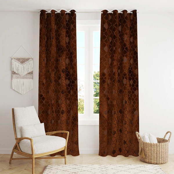 Panipat Textile Hub Polyester Eyelet Brown Designer Print Velvet Blackout curtains Pack of 2 - Window (4x5 Feet)