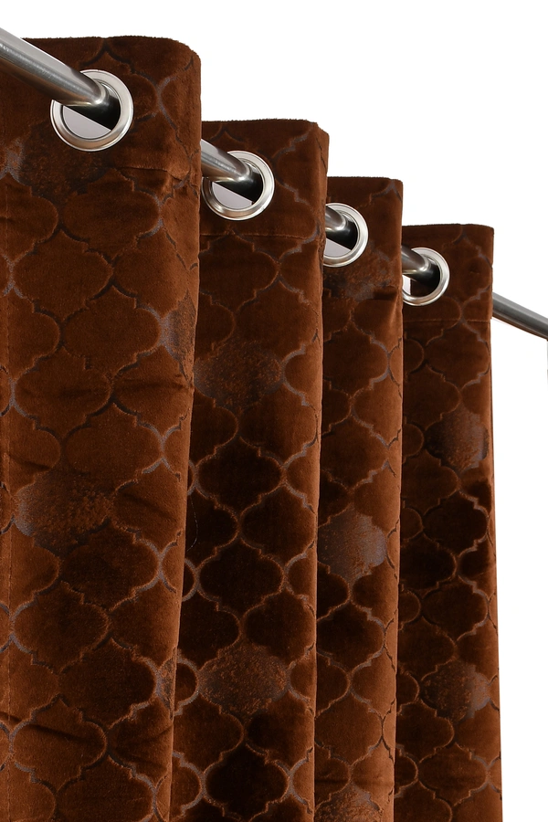 Panipat Textile Hub Polyester Eyelet Brown Designer Print Velvet Blackout curtains Pack of 2 - Window (4x5 Feet)