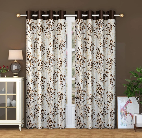 Panipat Textile Hub Polyester Eyelet Brown Designer Print curtains Pack of 2 - Window (4x5 Feet)