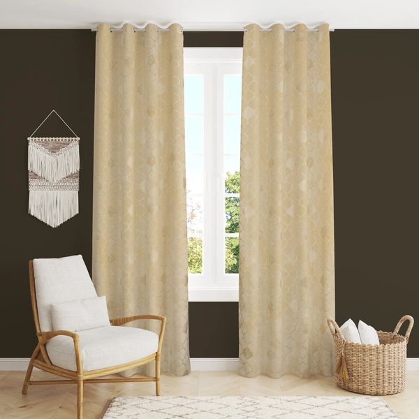 Panipat Textile Hub Polyester Eyelet Cream Designer Print Velvet Blackout curtains Pack of 2 - Window (4x5 Feet)