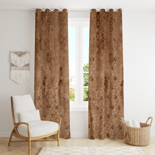 Panipat Textile Hub Polyester Eyelet Gold Designer Print Velvet Blackout curtains Pack of 2 - Window (4x5 Feet)