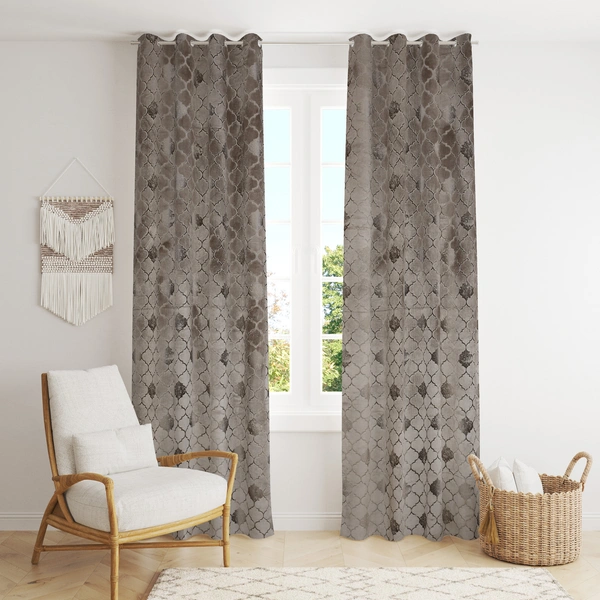 Panipat Textile Hub Polyester Eyelet Gray Designer Print Velvet Blackout curtains Pack of 2 - Window (4x5 Feet)