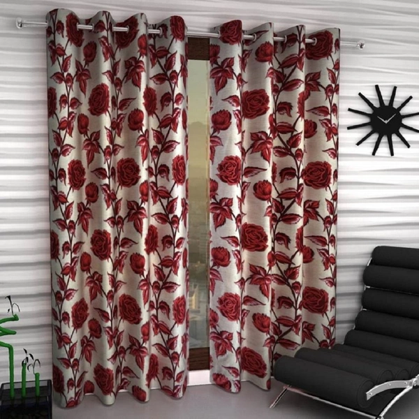 Panipat Textile Hub Polyester Eyelet Maroon Rose Printed Design curtains Pack of 2 - Door (4x7 Feet)