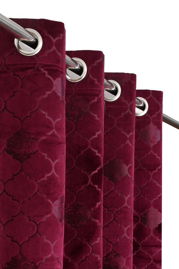 Panipat Textile Hub Polyester Eyelet Wine Designer Print Velvet Blackout curtains Pack of 2 - Window (4x5 Feet)
