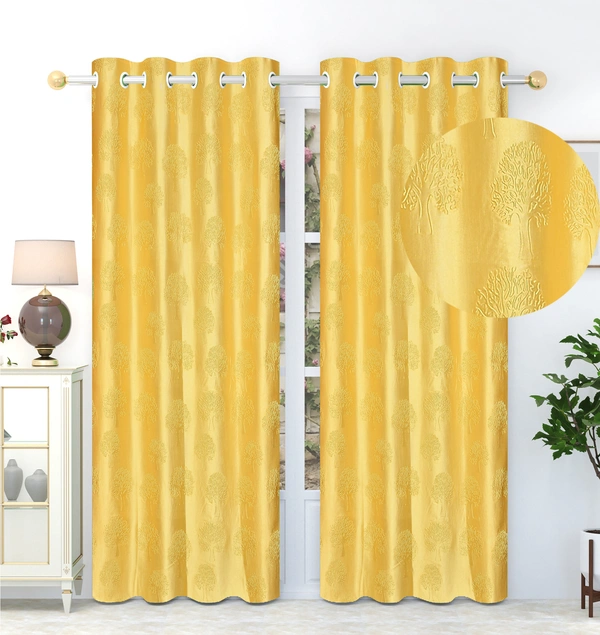 Panipat Textile Hub Polyester Eyelet  Yellow Designer Punch Print curtains Pack of 2 - Door (4x7 Feet)