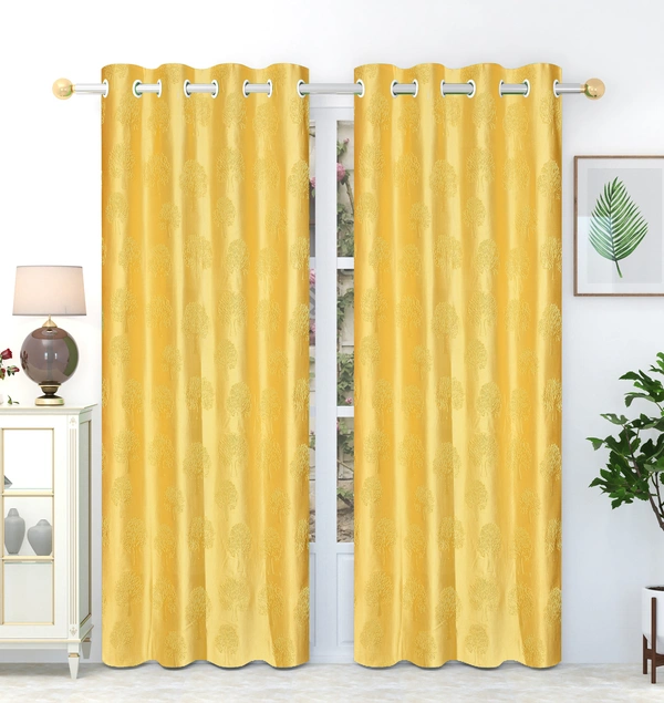 Panipat Textile Hub Polyester Eyelet  Yellow Designer Punch Print curtains Pack of 2 - Door (4x7 Feet)