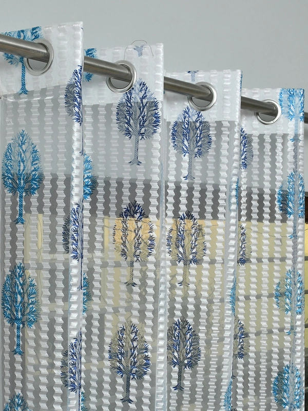Panipat Textile Hub Semi Transparent  Net Curtains (florel Design , Aqua) Pack of 2 - Window (4x5 Feet)