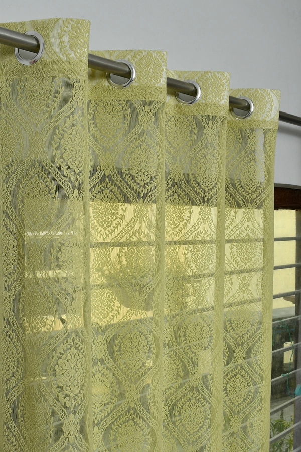 Panipat Textile Hub Semi Transparent  Net Curtains (Demask Design ,Green) Pack of 2 - Door (4x7 Feet)