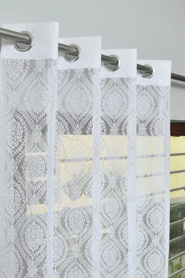 Panipat Textile Hub Semi Transparent  Net Curtains (Demask Design ,White) Pack of 2 - Window (4x5 Feet)