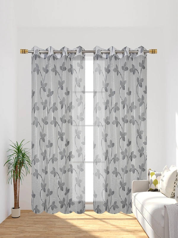 Panipat Textile Hub Semi Transparent  Net Curtains (florel Design ,Gray) Pack of 2 - Window (4x5 feet)
