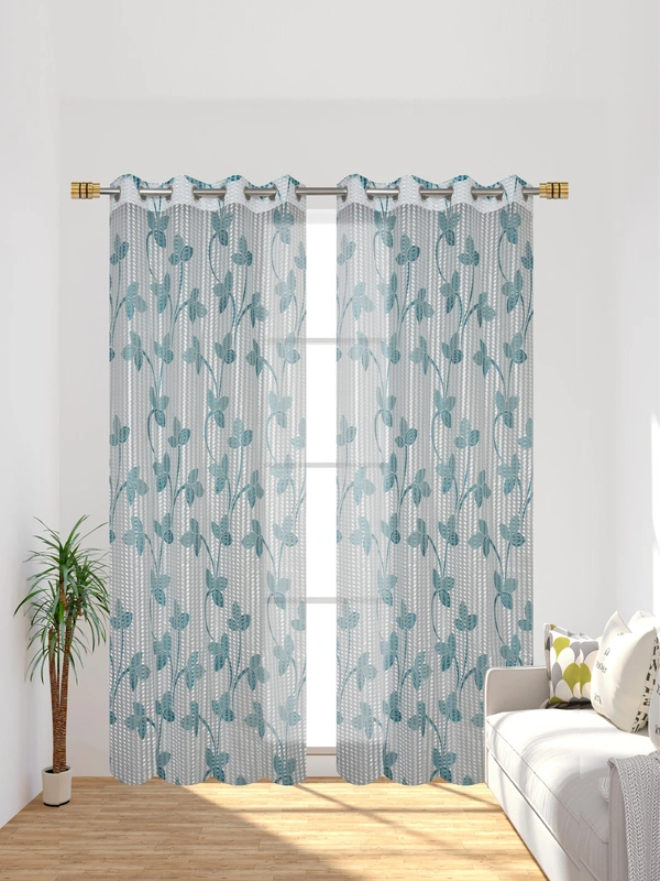 Panipat Textile Hub Semi Transparent  Net Curtains (florel Design ,Aqua) Pack of 2 - Window (4x5 Feet)