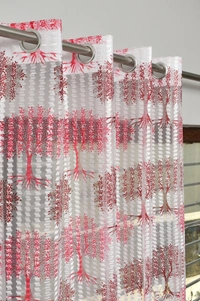 Panipat Textile Hub Semi Transparent  Net Curtains (florel Design ,Maroon) Pack of 2 - Window (4x5 feet)