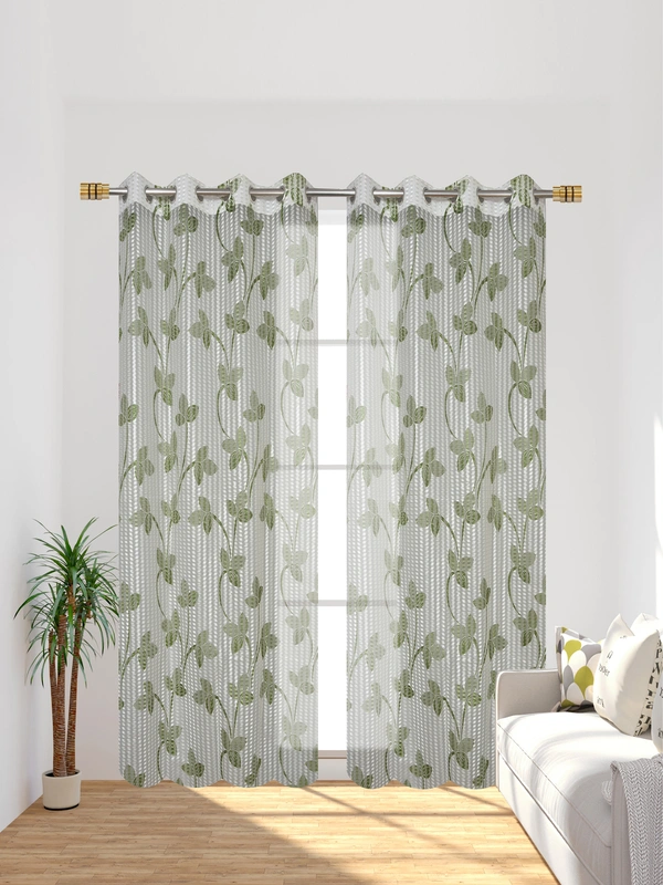 Panipat Textile Hub Semi Transparent  Net Curtains (florel Design ,Green) Pack of 2 - Window (4x5 Feet)