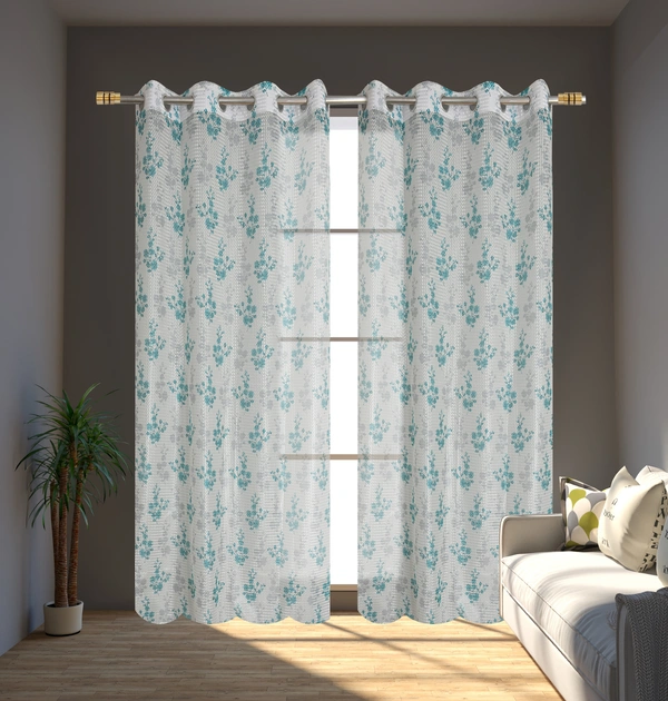 Panipat Textile Hub Semi Transparent  Net Curtains (florel Design , Aqua) Pack of 2 - Window (4x5 feet)