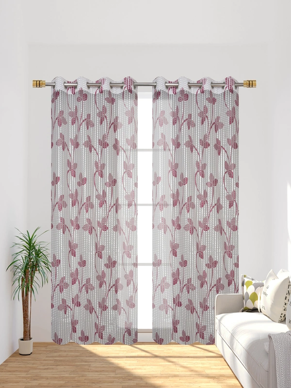 Panipat Textile Hub Semi Transparent  Net Curtains (florel Design ,Wine) Pack of 2 - Window (4x5 feet)
