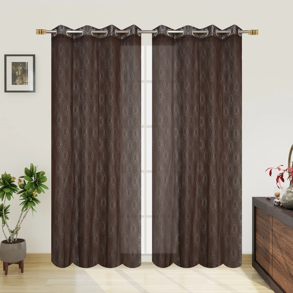 Panipat Textile Hub Semi Transparent  Net Curtains (Demask Design ,Brown) Pack of 2 - Window (4x5 Feet)