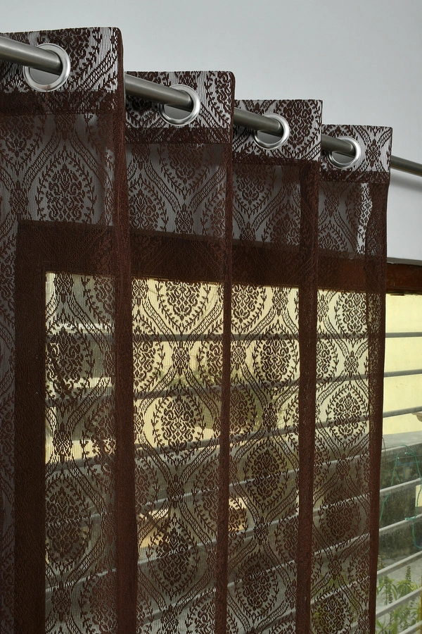 Panipat Textile Hub Semi Transparent  Net Curtains (Demask Design ,Brown) Pack of 2 - Window (4x5 Feet)