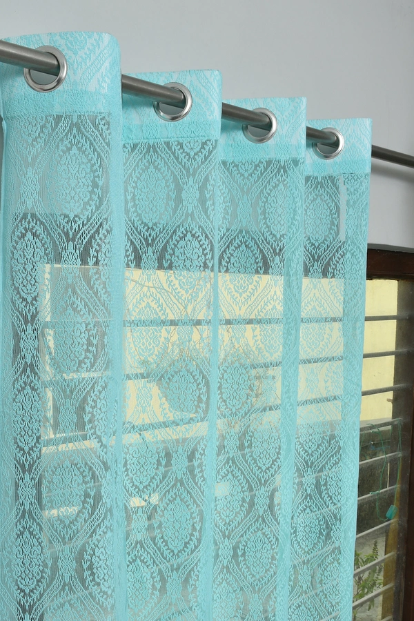 Panipat Textile Hub Semi Transparent  Net Curtains (Demask Design ,Aqua) Pack of 2 - Door (4x7 Feet)
