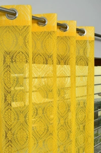 Panipat Textile Hub Semi Transparent  Net Curtains (Demask Design ,Yellow) Pack of 2 - Long Door (4x9 Feet)